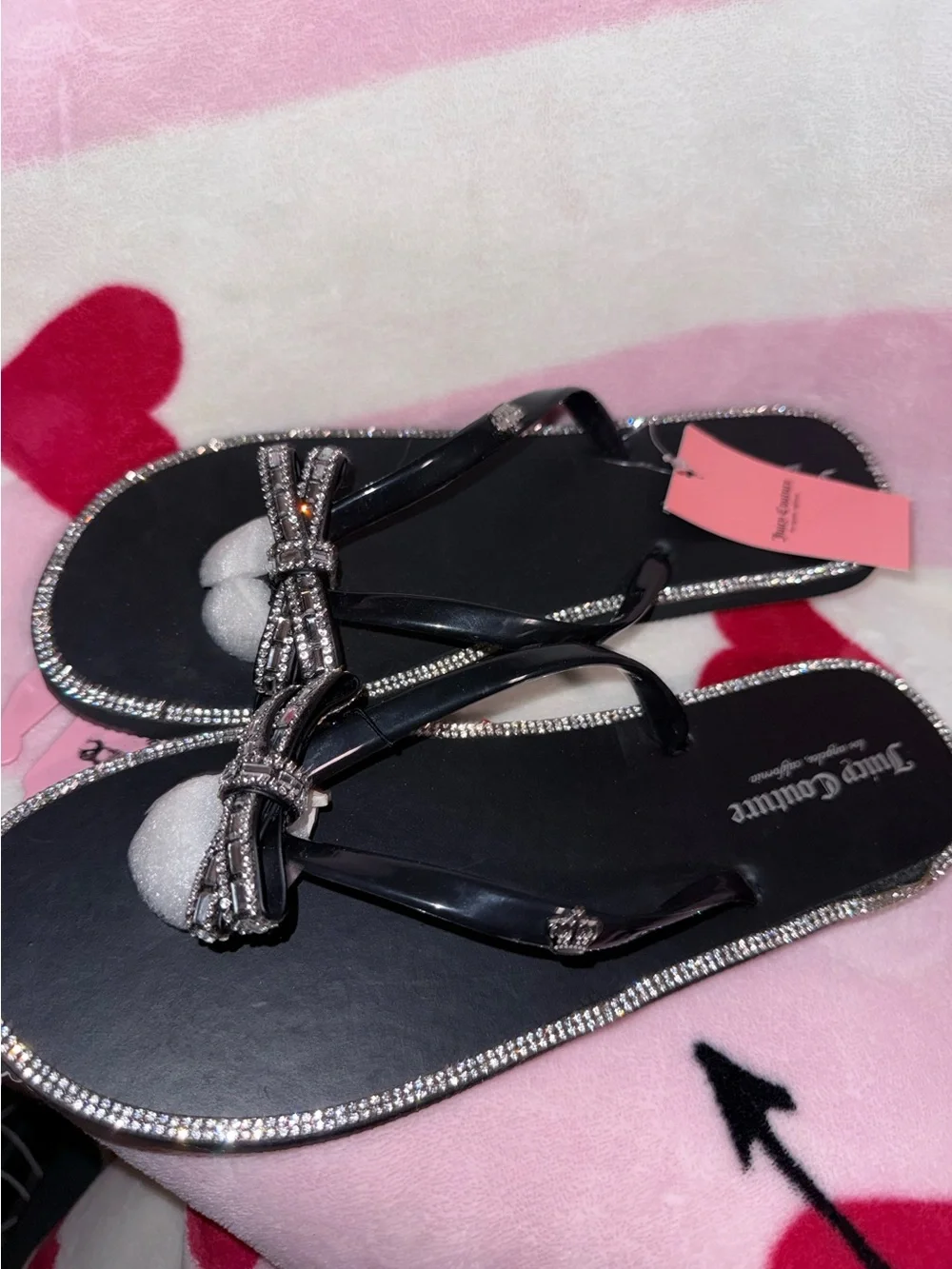 NWT Juicy Couture Black Jewel Bow Thong Sandals, Size 11